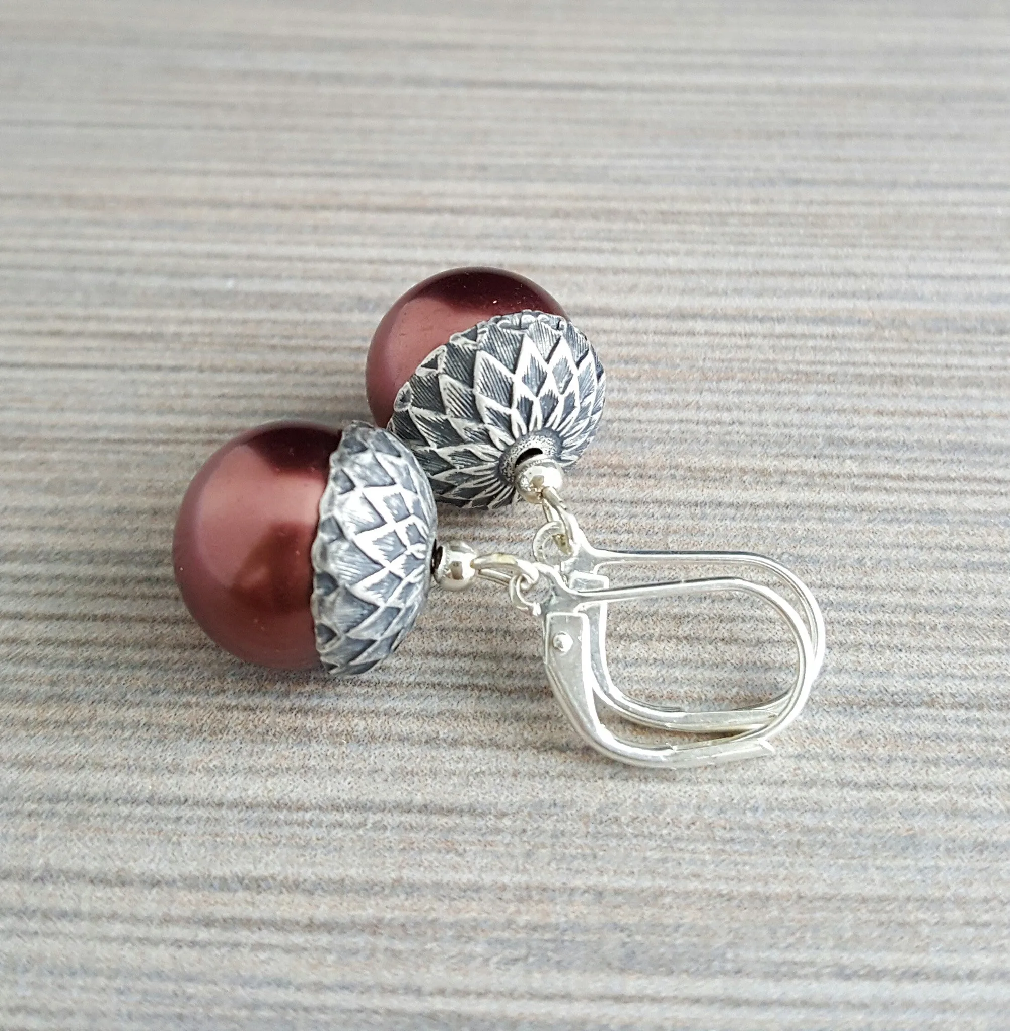 Handmade Rust Glass Pearl Acorn Earrings