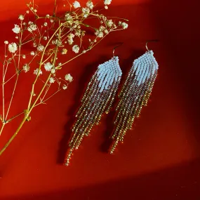 Handmade Statement Shiny and Sparkly White Silver Gold Seed Beaded Fringe Chandelier Earrings