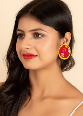 Handmade Yellow Red Script Fabric Stud Earrings Silver for All Occasions - Non-Allergic and Stylish