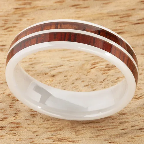 High Tech White Ceramic Natural Koa Wood Double Row Oval Wedding Ring 6mm