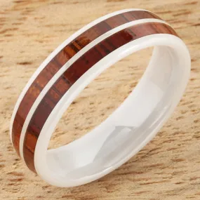 High Tech White Ceramic Natural Koa Wood Double Row Oval Wedding Ring 6mm