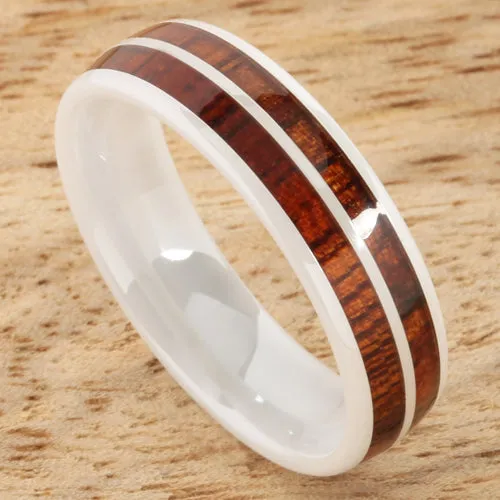 High Tech White Ceramic Natural Koa Wood Double Row Oval Wedding Ring 6mm