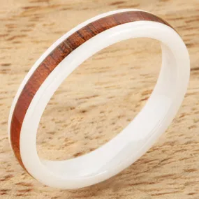 High Tech White Ceramic Natural Koa Wood Oval Wedding Ring 4mm