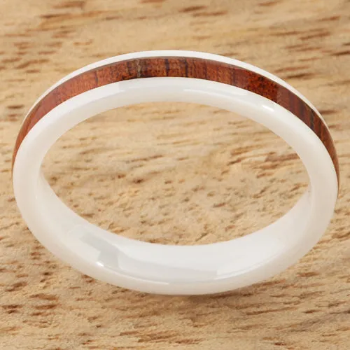 High Tech White Ceramic Natural Koa Wood Oval Wedding Ring 4mm