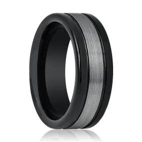 HYMEN | Black Tungsten Ring, Grey Stripe Center, Flat