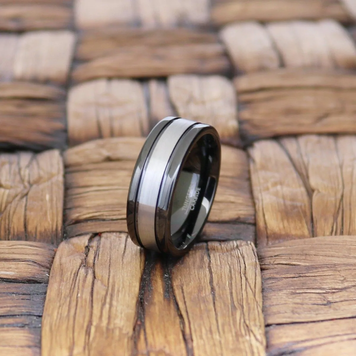 HYMEN | Black Tungsten Ring, Grey Stripe Center, Flat