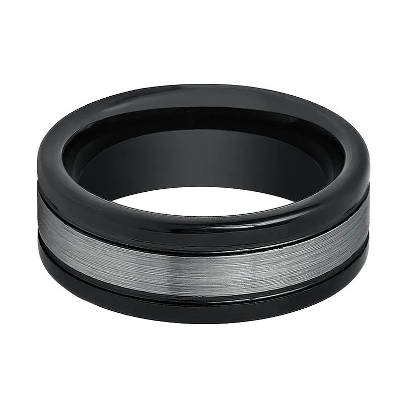 HYMEN | Black Tungsten Ring, Grey Stripe Center, Flat