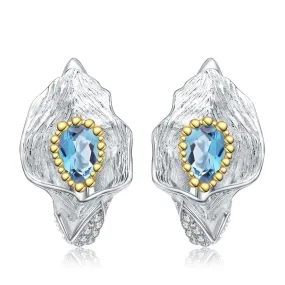 Italian Craft Vintage Desig Inlaid Natural Topaz Flower Silver Studs Earrings for Women