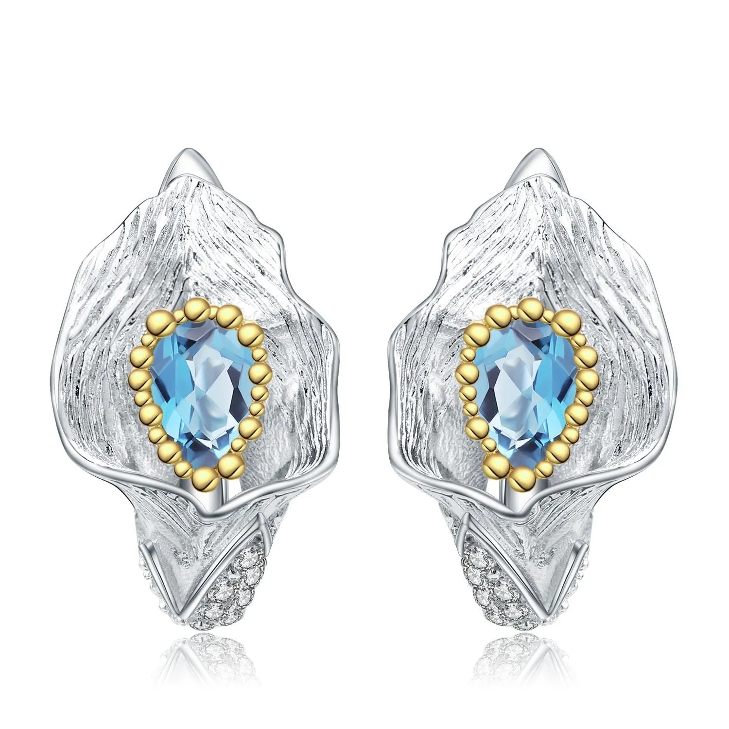 Italian Craft Vintage Desig Inlaid Natural Topaz Flower Silver Studs Earrings for Women