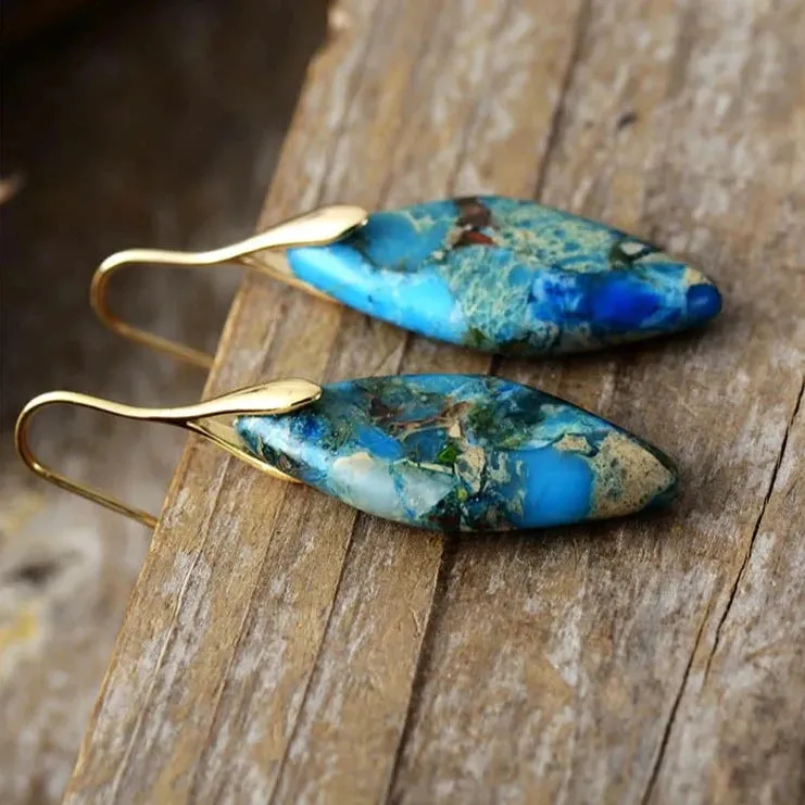 'Jasper' Leaf Silver Dangle Earrings - blue