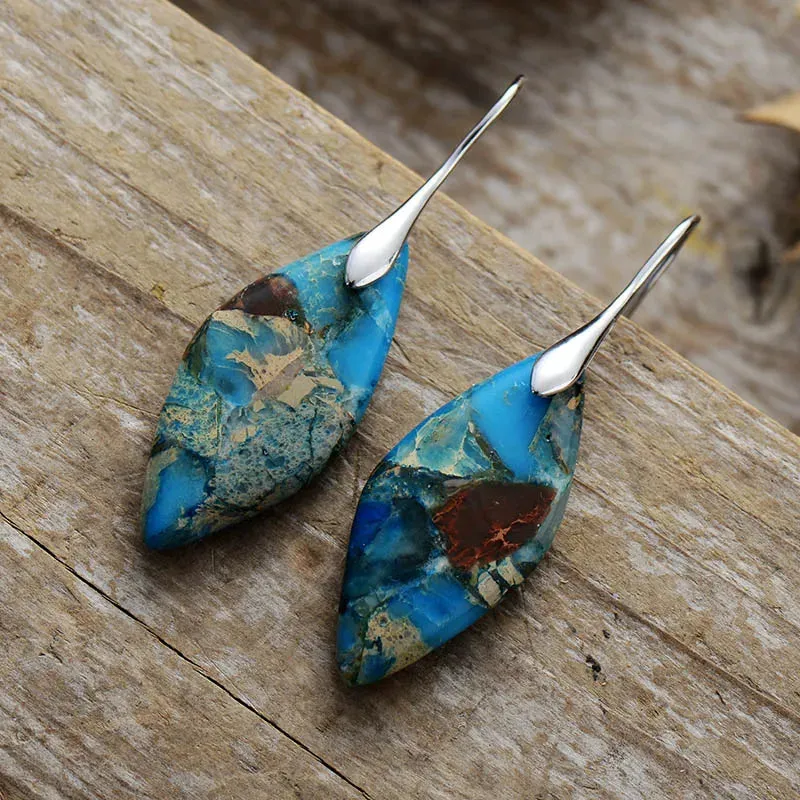 'Jasper' Leaf Silver Dangle Earrings - blue