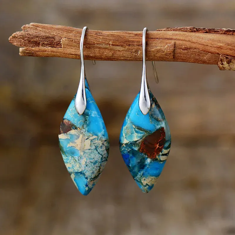 'Jasper' Leaf Silver Dangle Earrings - blue