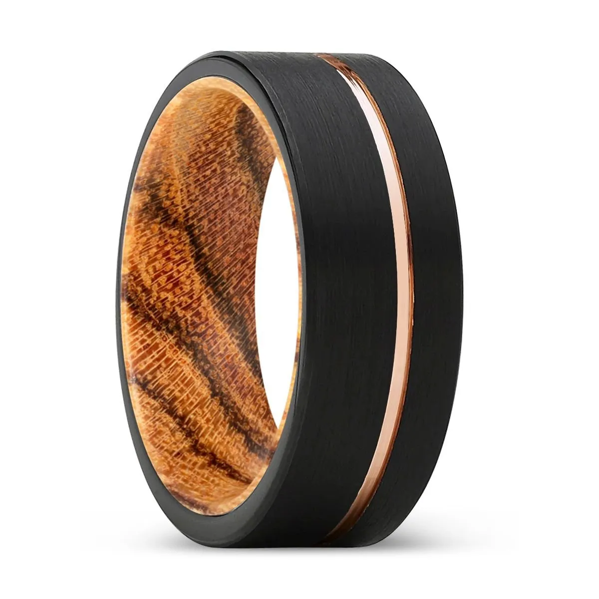 JESTER | Bocote Wood, Black Tungsten Ring, Rose Gold Offset Groove, Brushed, Flat