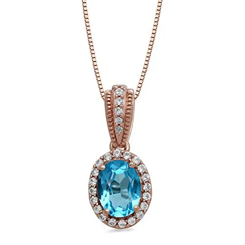 Jewelili 10K Rose Gold With Oval Shape Sky Blue Topaz and Round White Topaz Halo Pendant Necklace, 18" Box Chain