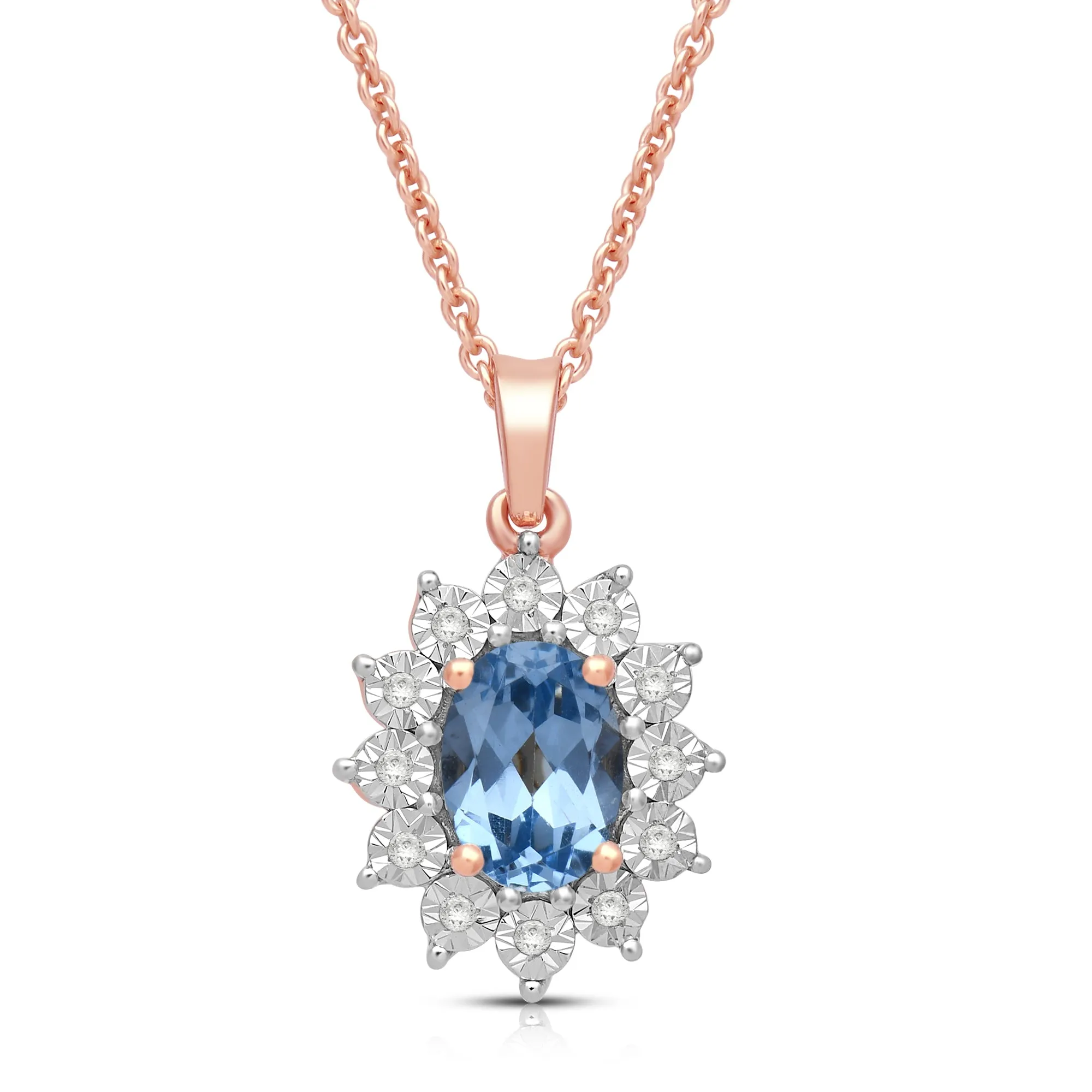 Jewelili 14K Rose Gold over Sterling Silver 7x5 MM Oval Genuine Swiss Blue Topaz and 1/20 Cttw Natural White Round Diamond Pendant Necklace