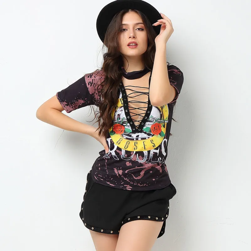 Lace up distressed guns and roses choker top