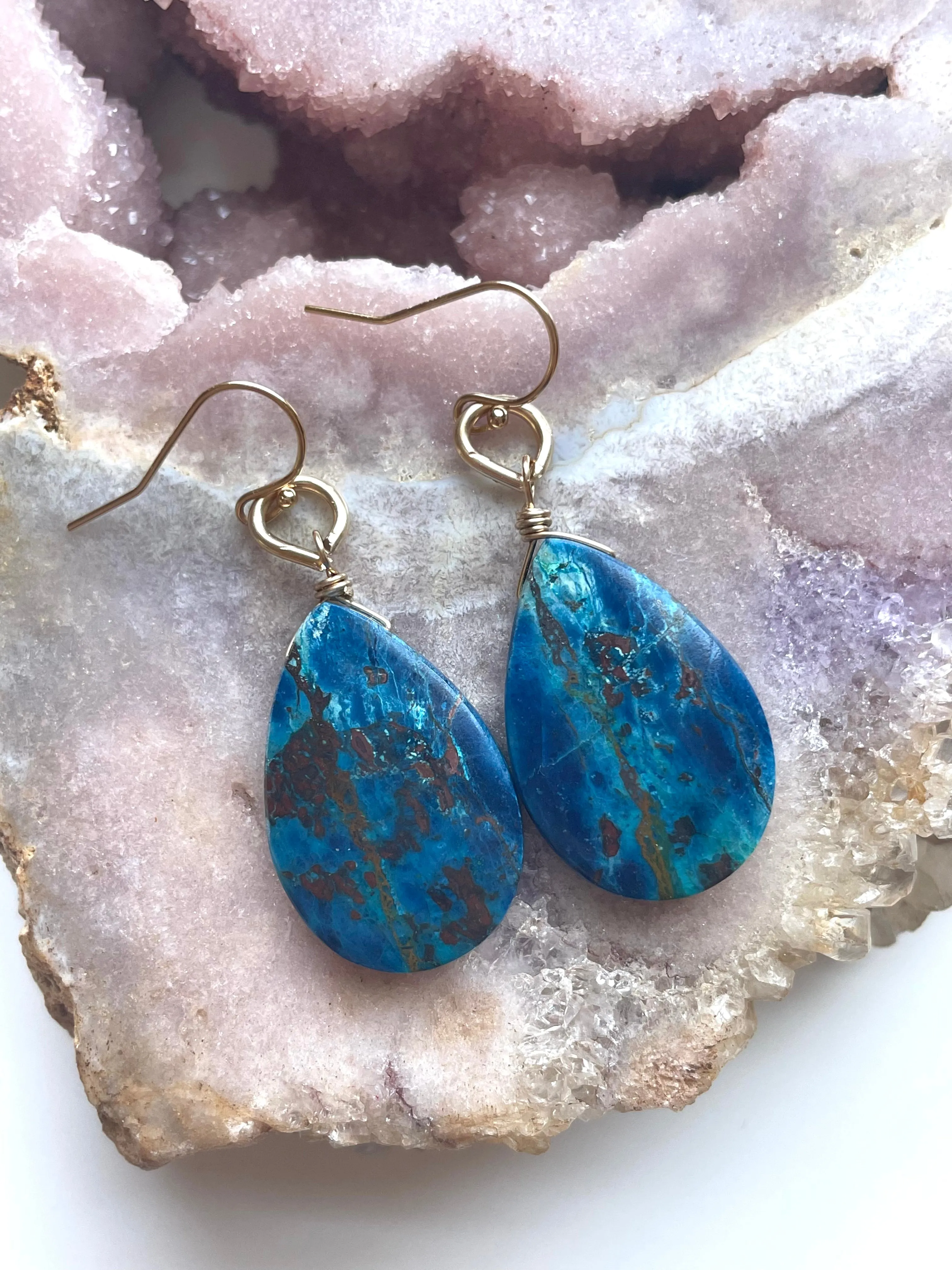 Large Chrysocolla Gold Filled Statement Crystal Gemstone Earrings