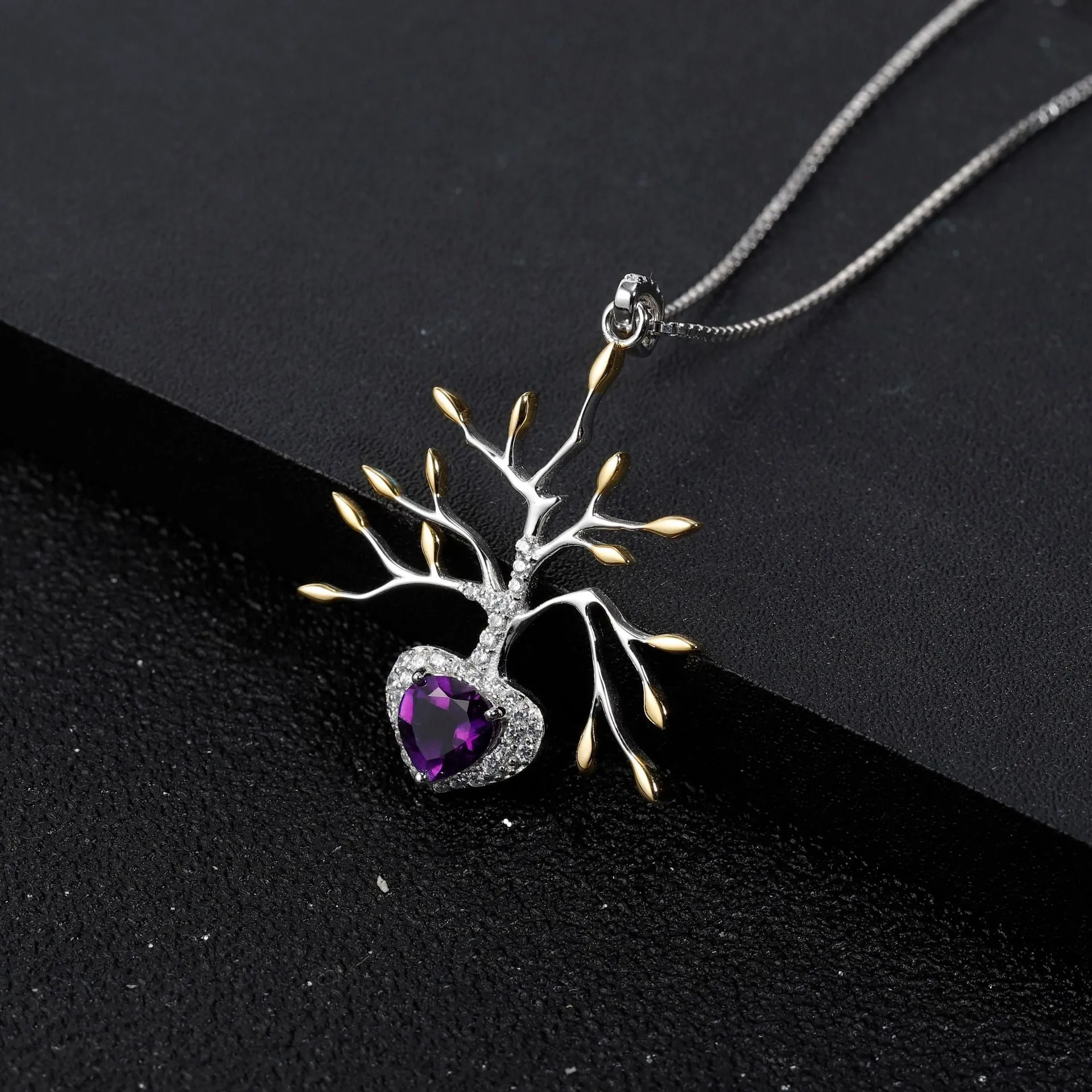 Life Tree Pendant Heart Shape Natural Gemstone Silver Necklace