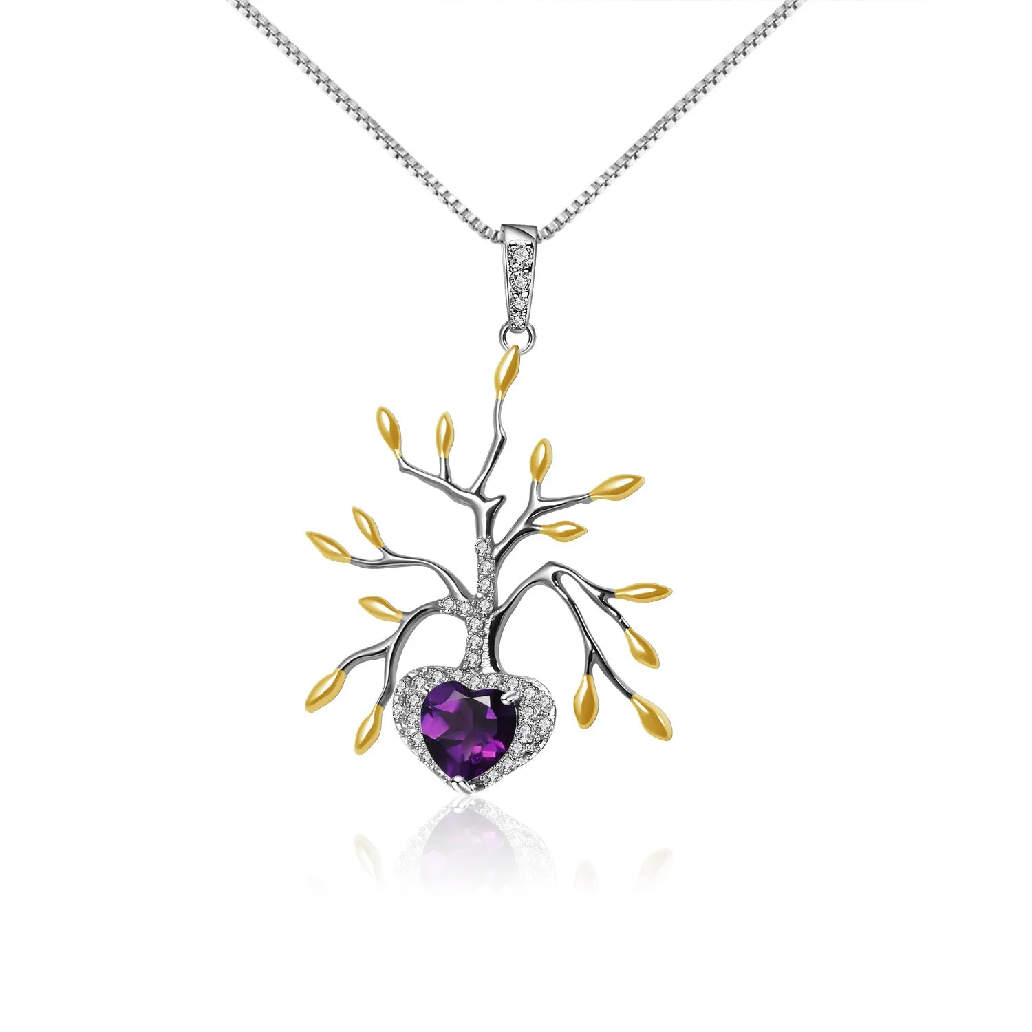 Life Tree Pendant Heart Shape Natural Gemstone Silver Necklace