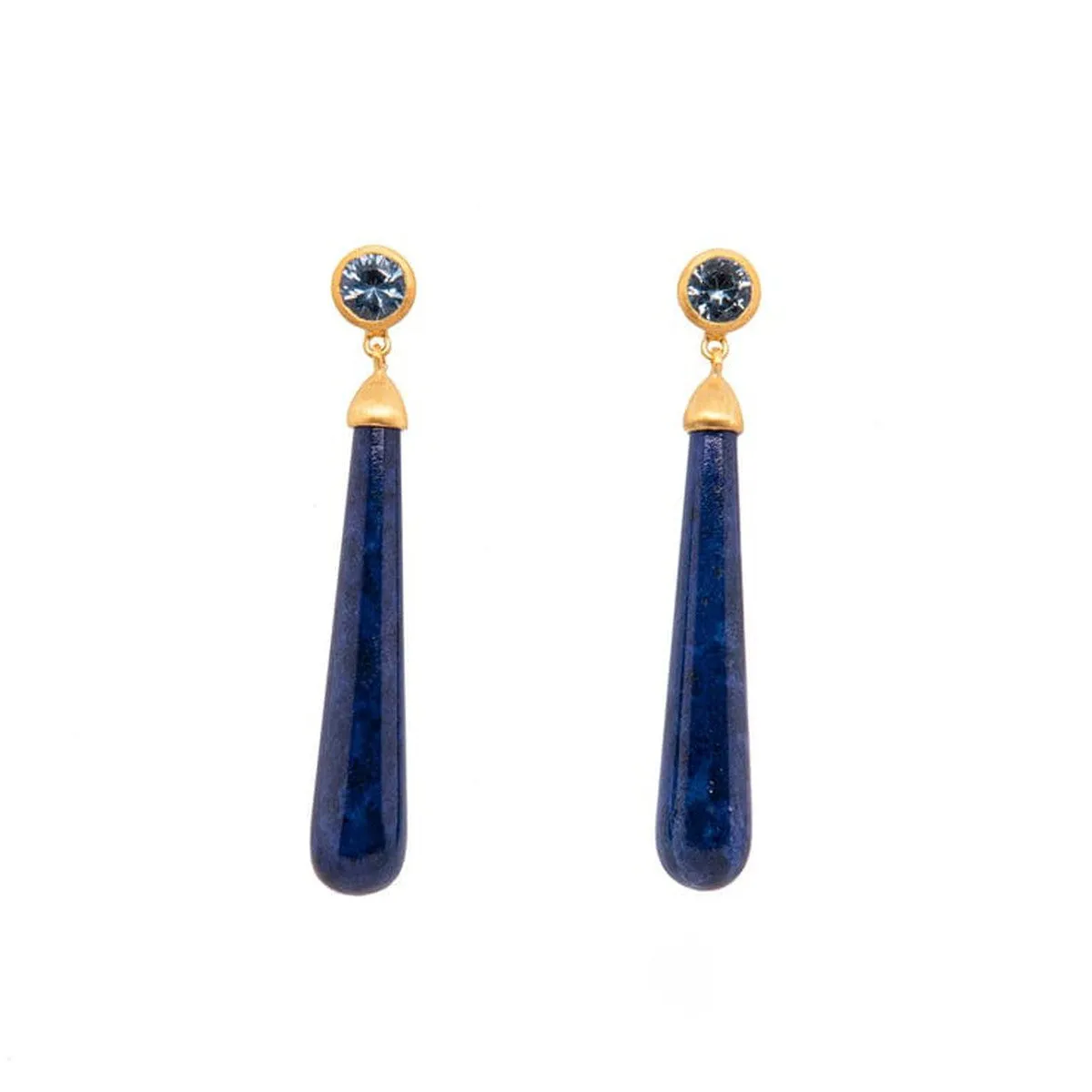 Long Drop Cabochon Sky Blue Topaz & Dark Lapis Earrings