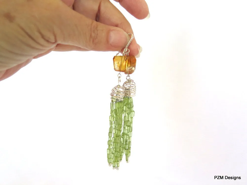 Long peridot tassel earrings with gold citrine accents, pzm designs fine jewelry