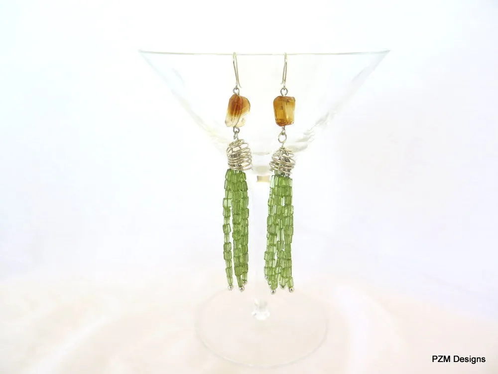 Long peridot tassel earrings with gold citrine accents, pzm designs fine jewelry