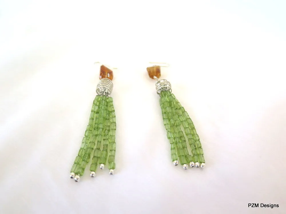 Long peridot tassel earrings with gold citrine accents, pzm designs fine jewelry