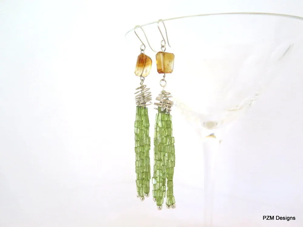 Long peridot tassel earrings with gold citrine accents, pzm designs fine jewelry