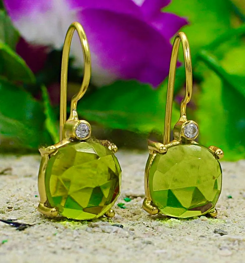 Lovely Green Peridot Pave Gemstone Dangle Earrings 1.0”