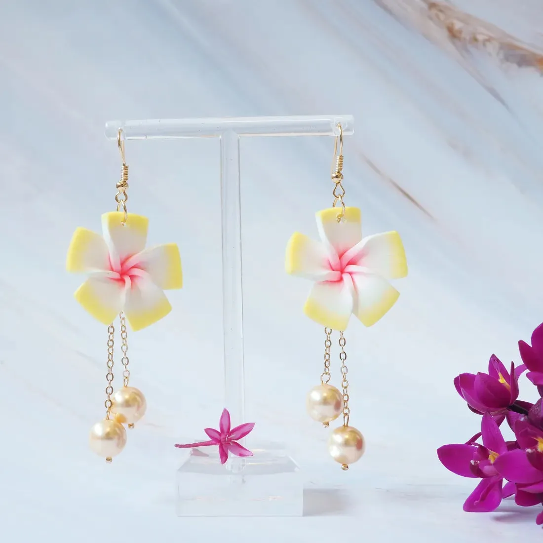 Lucky Plumeria Yellow Drop Earrings