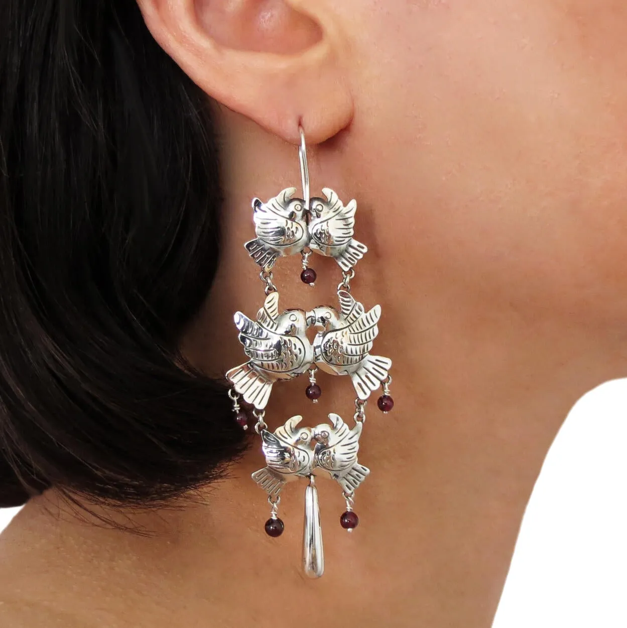 Maria Belen Taxco Sterling Silver Lovebird Chandelier Earrings