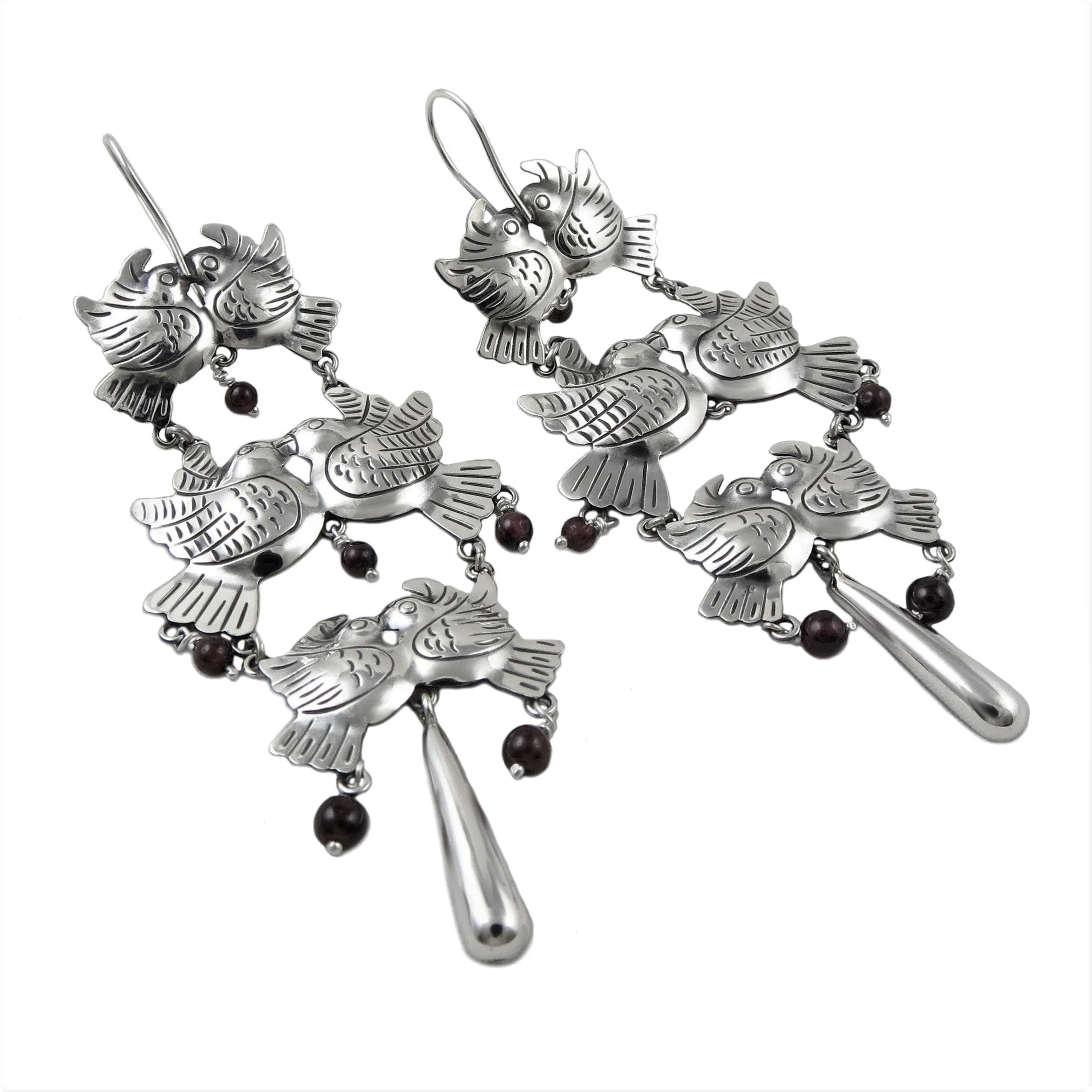 Maria Belen Taxco Sterling Silver Lovebird Chandelier Earrings