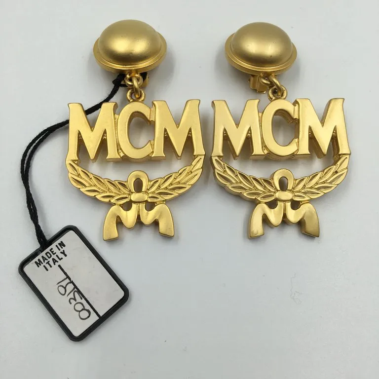 MCM Wreath Logo Matte Gold Tone Clip On Earrings