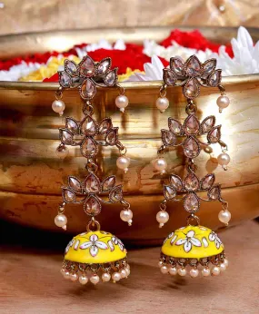 Meenakari Long Chandelier Yellow Kundan Jhumki