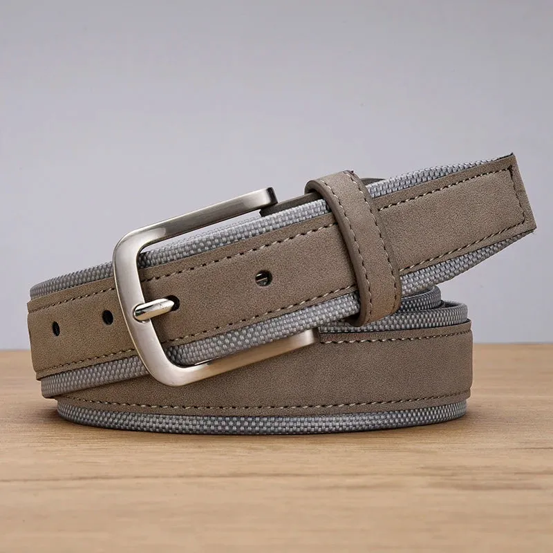 Men Suede Leather Belt With Oxford Fabric Strap Genuine Leather Luxury Pin Buckle Blue Belts For Men 3.5 cm and 4.0 cm Width