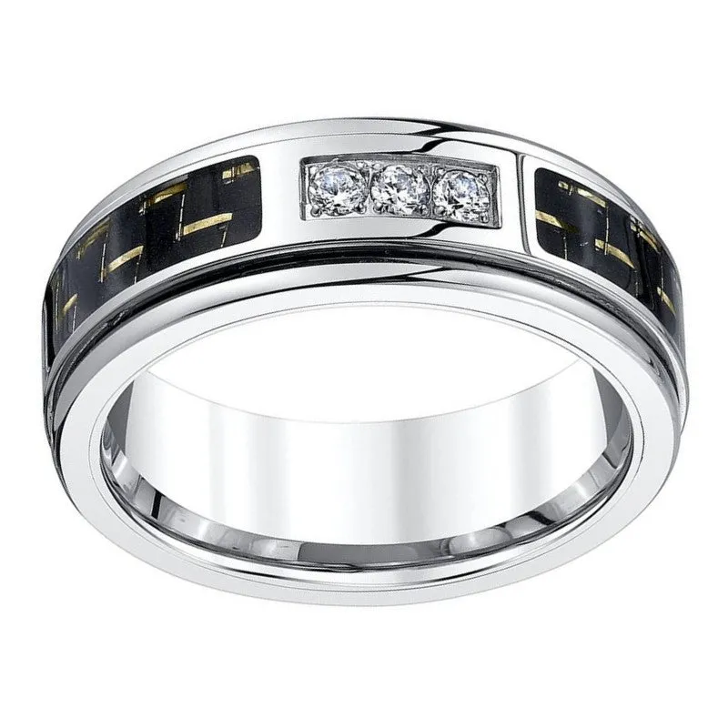 Men's 8mm Diamond Tungsten Carbon Fiber Wedding Band