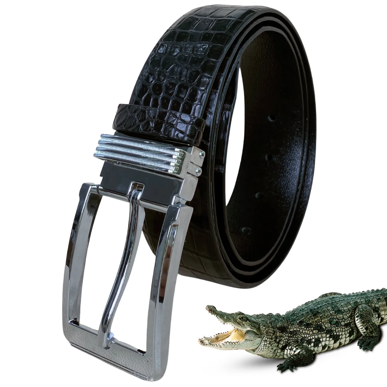 Men's Black Alligator Leather Belt - Pin Buckle | BE-BLA-01-PIN