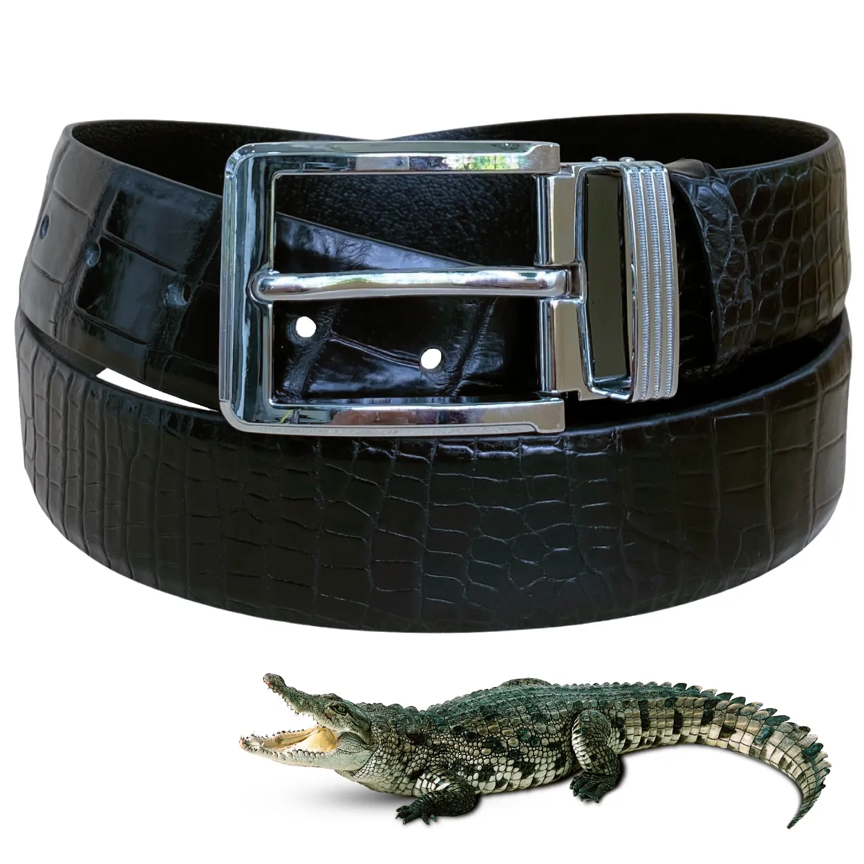 Men's Black Alligator Leather Belt - Pin Buckle | BE-BLA-01-PIN