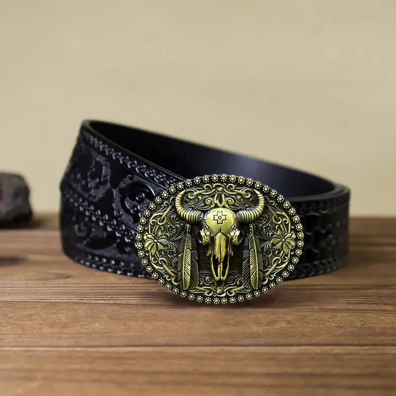 Men's DIY Bull Ethnic Feather Decor Buckle Leather Belt