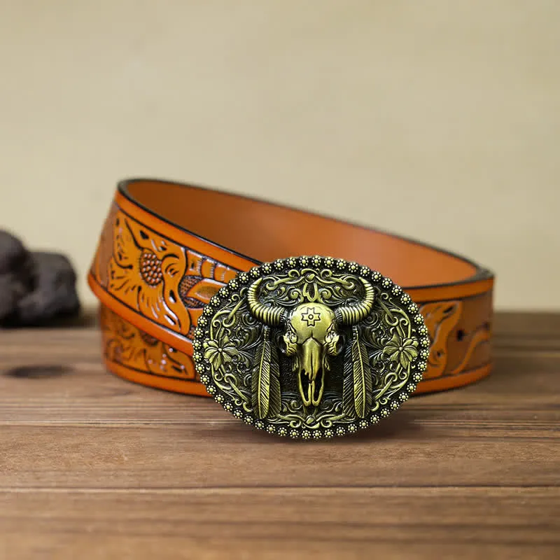 Men's DIY Bull Ethnic Feather Decor Buckle Leather Belt