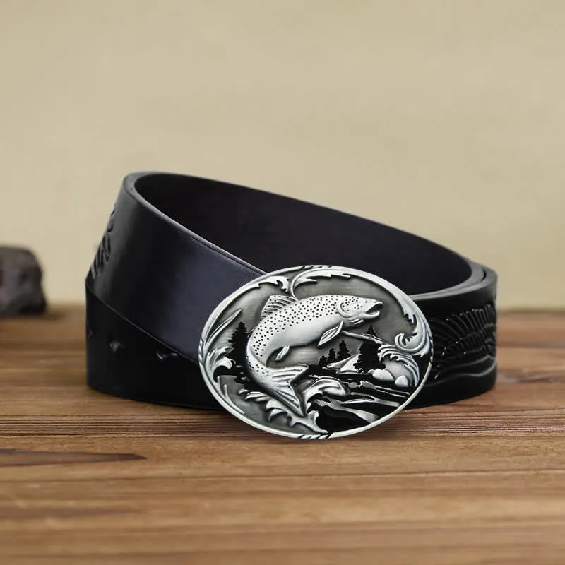 Men's DIY Fishing Wildlife Buckle Leather Belt