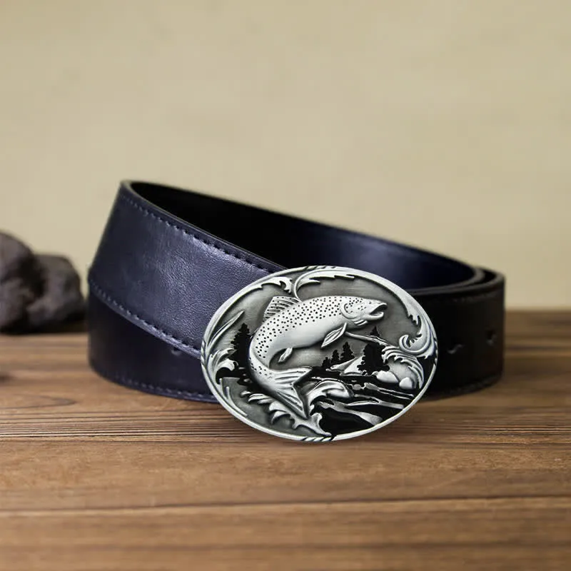 Men's DIY Fishing Wildlife Buckle Leather Belt