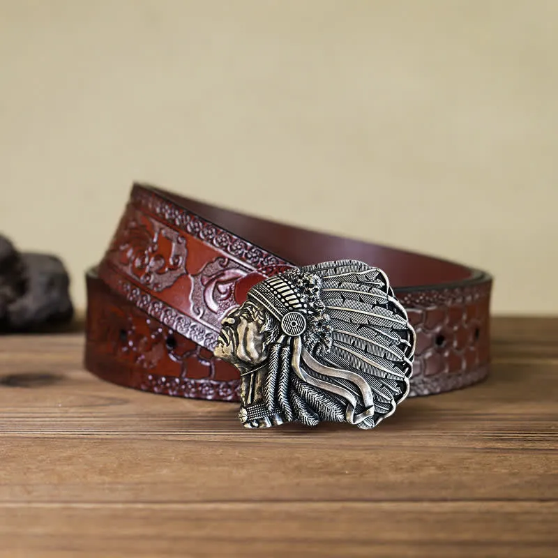 Men's DIY Native Chief Head Buckle Leather Belt