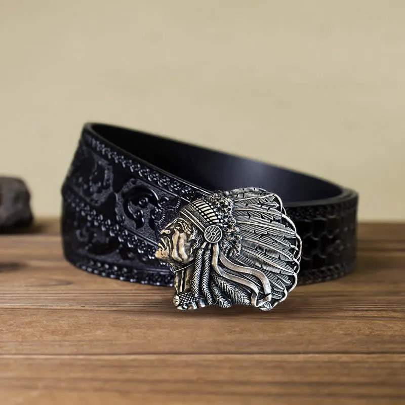 Men's DIY Native Chief Head Buckle Leather Belt