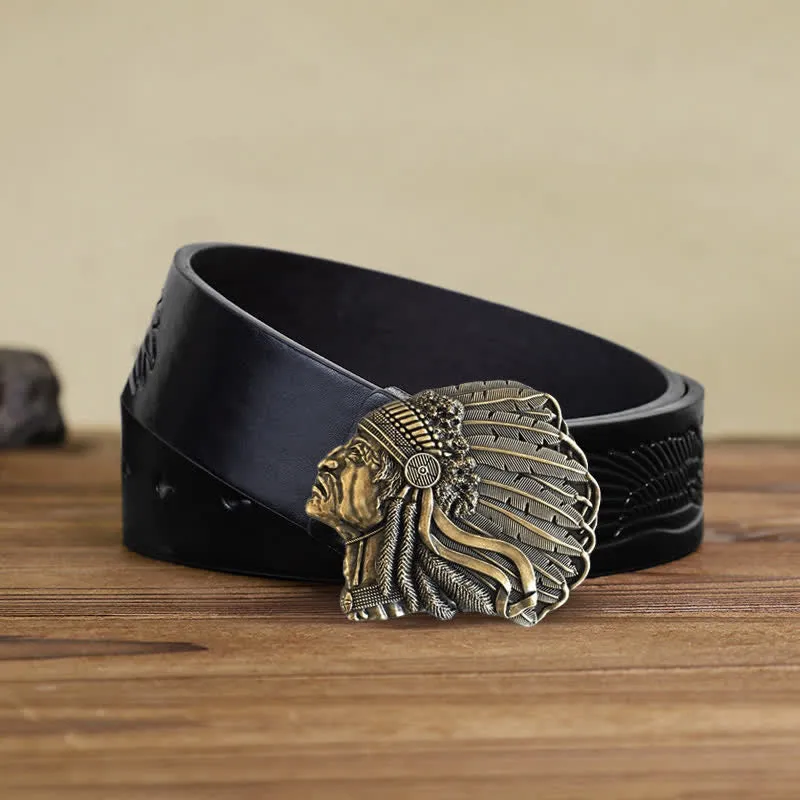 Men's DIY Native Chief Head Buckle Leather Belt