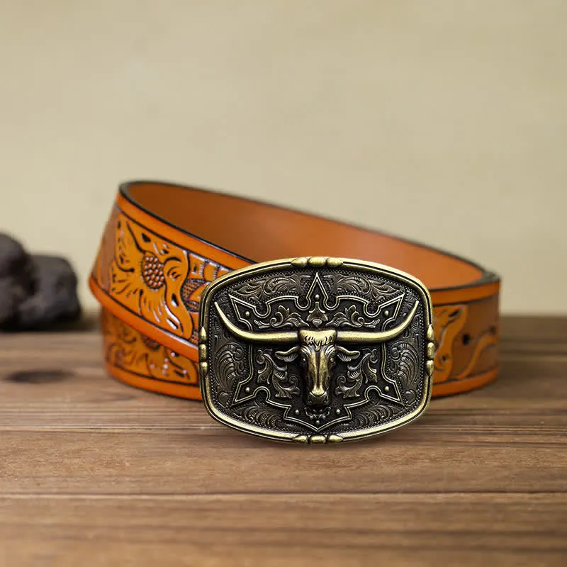 Men's DIY Raised Longhorn Bull Buckle Leather Belt