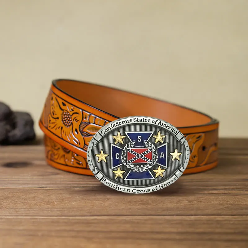 Men's DIY Southern Cross Of Honor Buckle Leather Belt