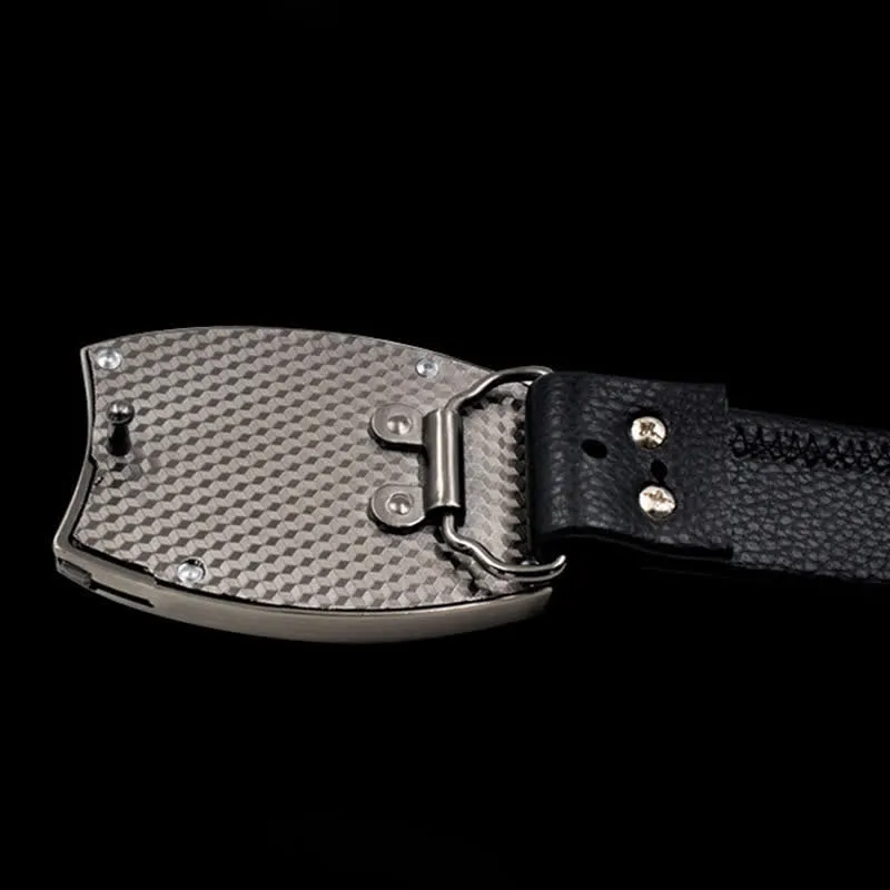 Men's Flame Skull Leather Belt With Folding Knife