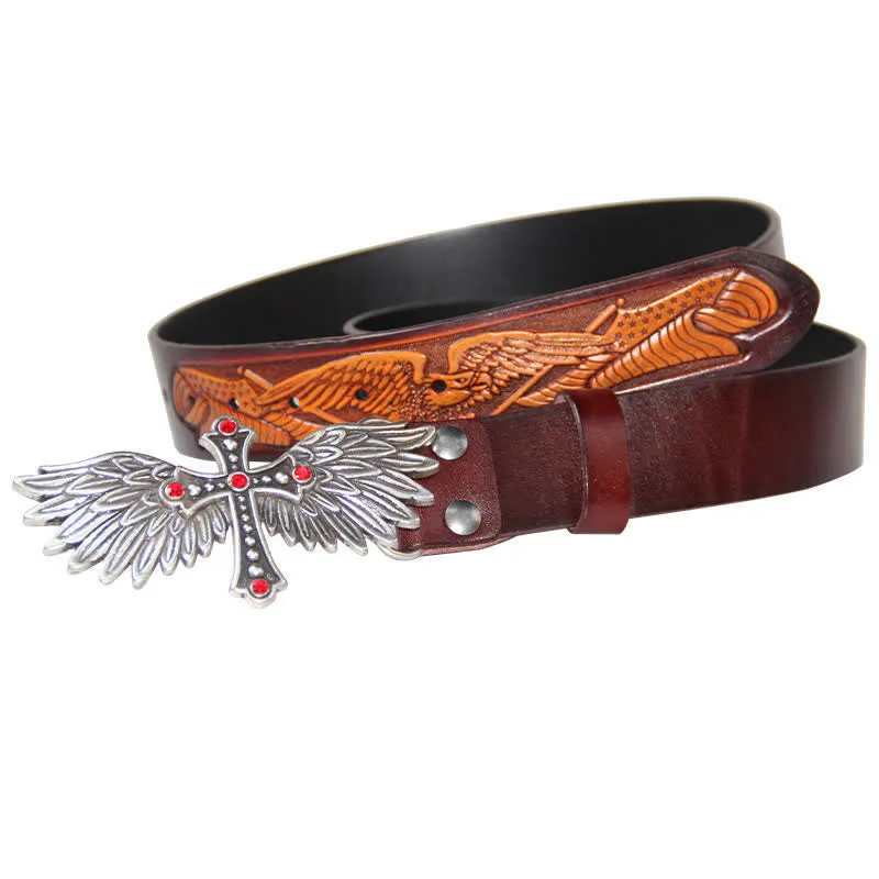 Men's Personality Winged Cross Buckle Leather Belt