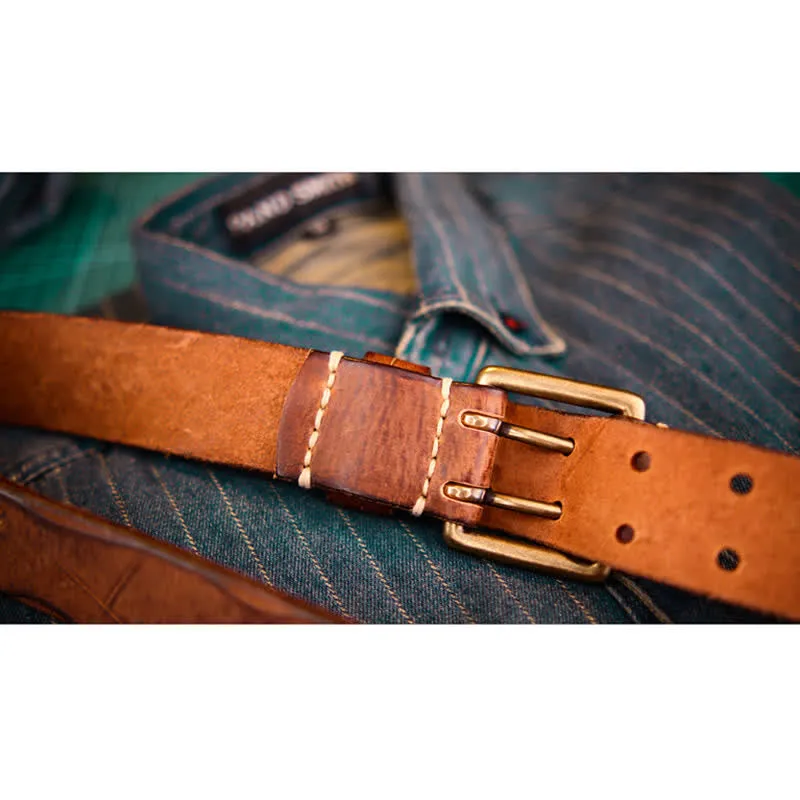 Men's Wide Double Pin Buckle Leather Belt